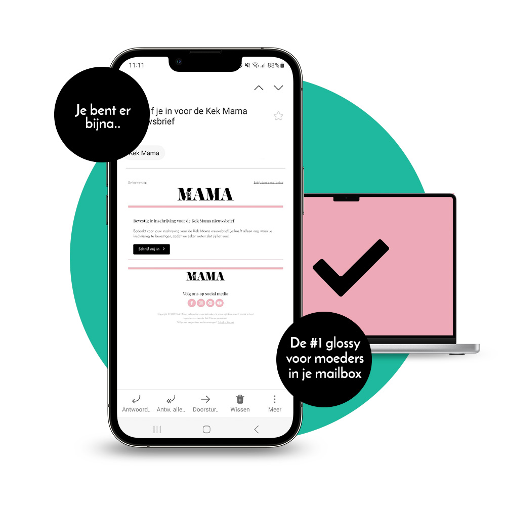 Telefoon met bevestigingspagina van de Kek Mama nieuwsbrief