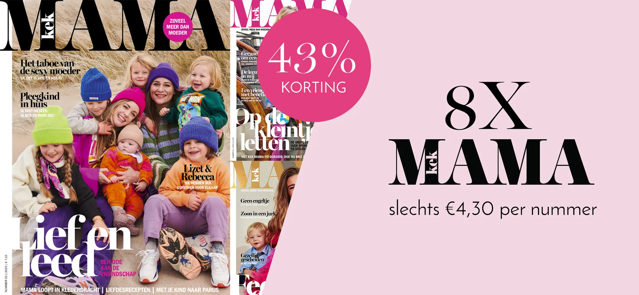 Header met Kek Mama halfjaar abonnement en magazines in roze